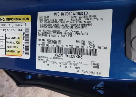 2017 Ford Fusion Hybrid Se z USA, uszkodzony, nr VIN 3FA6P0LUXHR382365